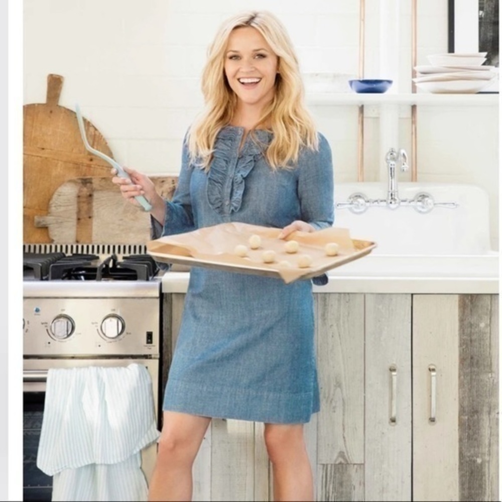 Draper James Chambray Ruffle Front Bell Sleeve Dress 10 TT8